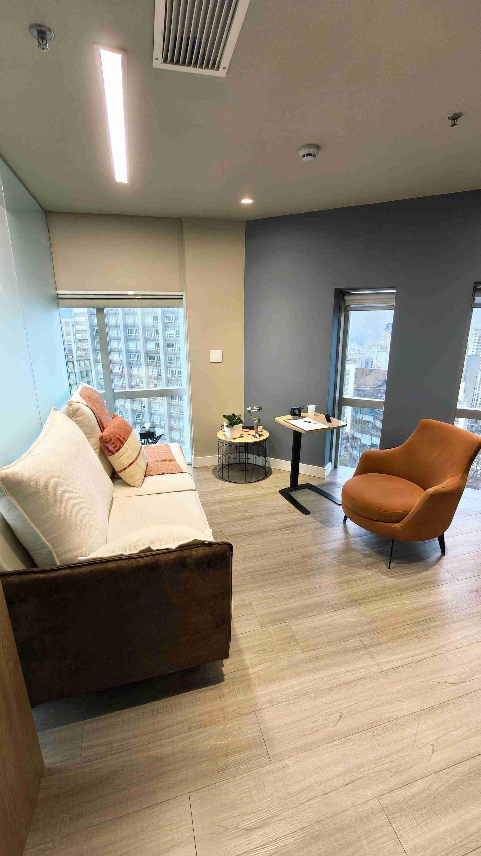 Sala de atendimento com sofá e poltrona junto à janela